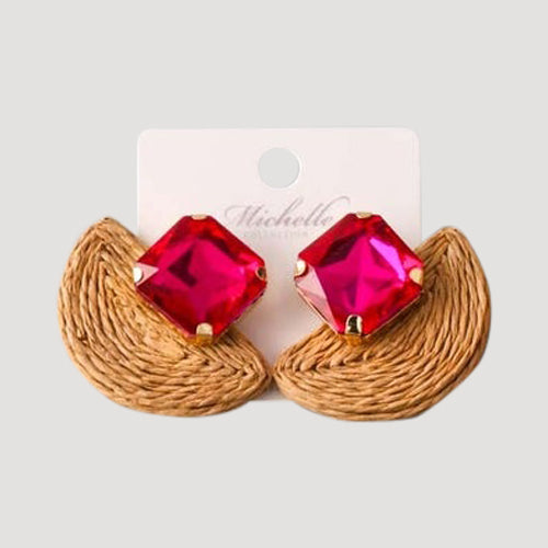 Crystal Rattan Straw Fan Earring in Fuchsia