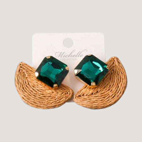 Crystal Rattan Straw Fan Earring in Green