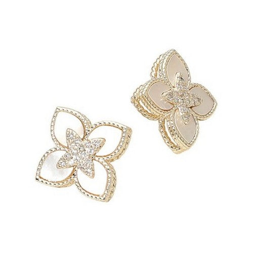 14k Gold Plated CZ Mother Of Pearl Clover Stud Earrings