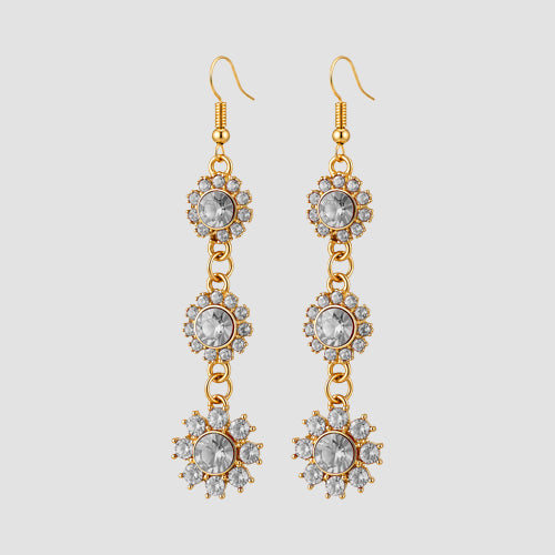 Rhinestone Daisy Flower Dangle Earrings in Clear Crystal
