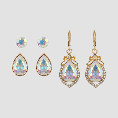 Marquise Rhinestone 3-Pair Earring Set in Gold & AB Crystal