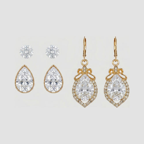 Marquise Rhinestone 3-Pair Earring Set in Gold & Clear Crystal