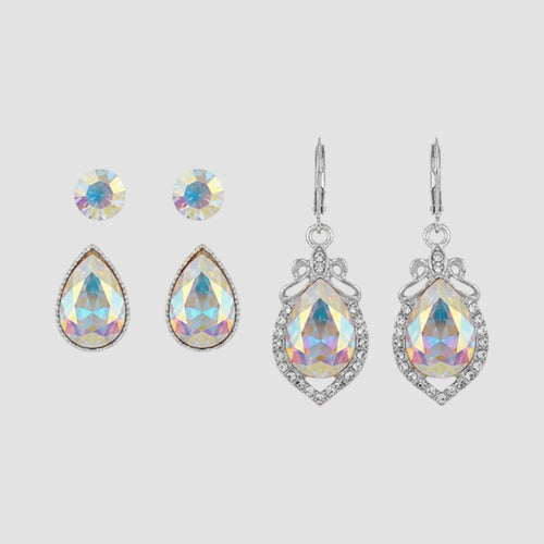 Marquise Rhinestone 3-Pair Earring Set in Silver & AB Crystal
