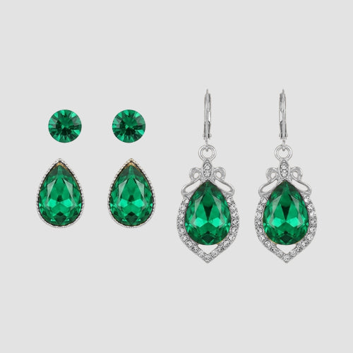 Marquise Rhinestone 3-Pair Earring Set in Silver & Green
