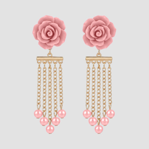 Pearly Rose Strand Earrings in Pink