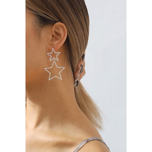 E10682 Double Rhinestone Star Drop Earring in Silver