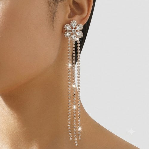 Rhinestone Flower Long Tassel Statement Earrings in Gold/Clear Crystal