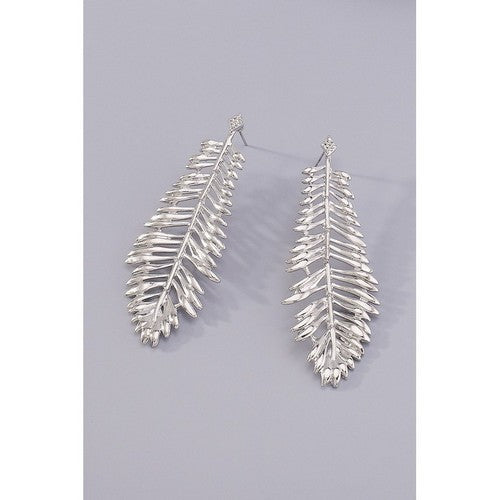 Leaf Long Drop Earrings in Silver