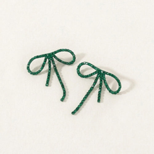 Bow Tassel Dangle Rhinestone Earrings in Gold/Green