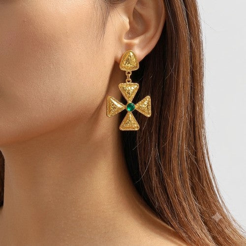 Golden Geometric Cross Dangle Earrings in Green
