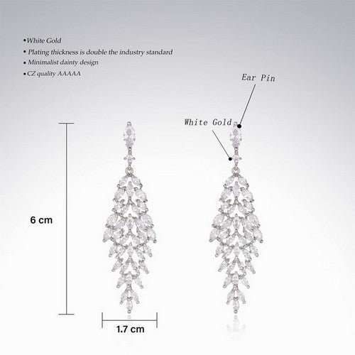 White Gold CZ Leaf Chandelier Glamour Earrings