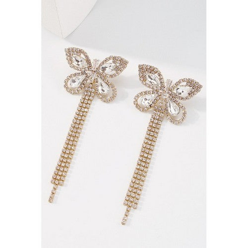 Tassel Rhinestone Butterfly Drop Earrings in Gold/AB Crystal