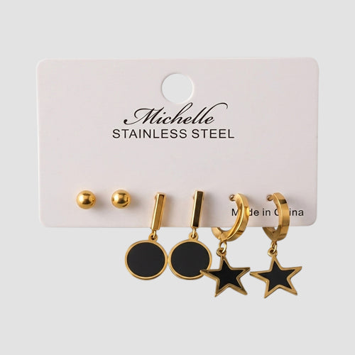 Stainless Steel & Enamel Star 3pc Earring Set in Black & Gold