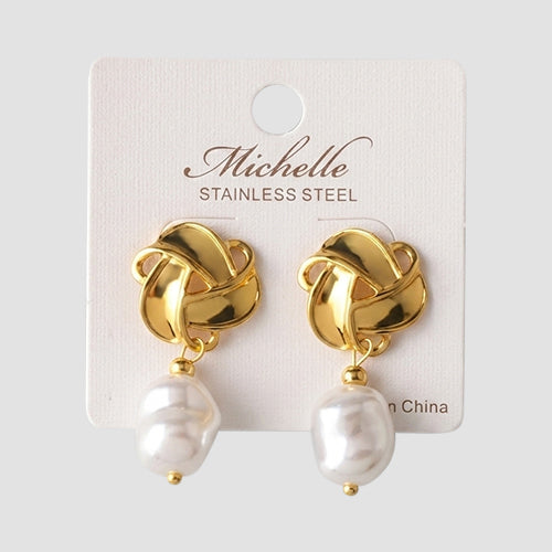 Stainless Steel Knot Pearl Drop Earring in Gold