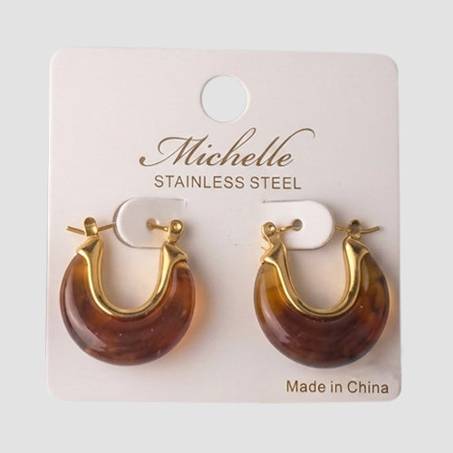 Stainless Steel Stone Arch Hoop Huggie Earring in Brown