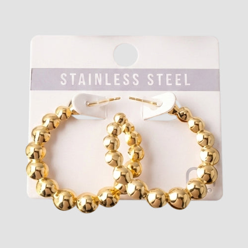 Stainless Steel Graduated Bead Open Hoop Earring in Gold