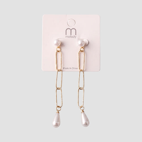 Triple Link Teardrop Pearl Earring in Gold