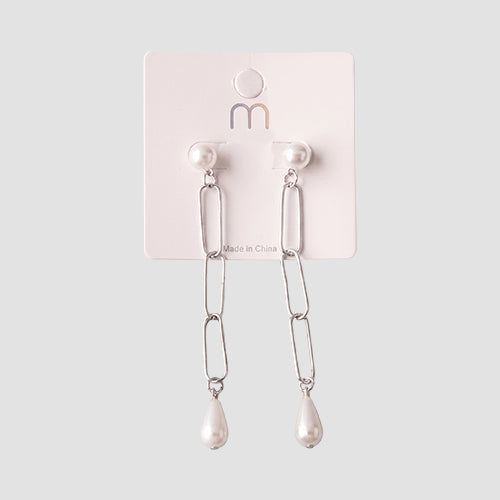 Triple Link Teardrop Pearl Earring in Silver