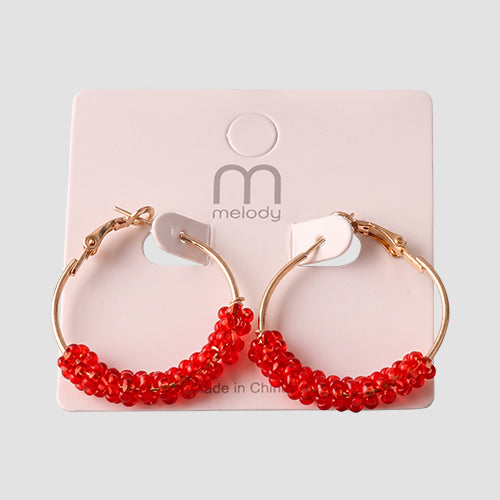 Bead Wrapped Hoop Earring in Red