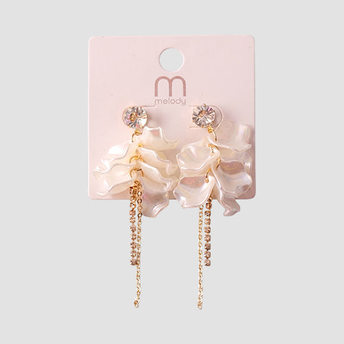 Petal Tassel Rhinestone Chain Tail Earring in Gold/White