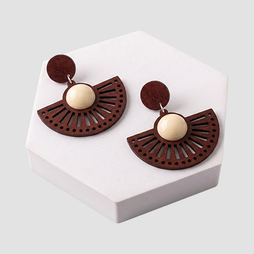 Wood Ethnic Fan Circle Drop Earring in White/Brown