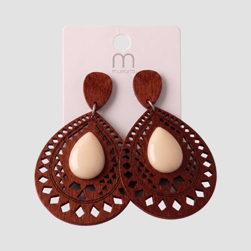Ethnic Cut Wood Teardrop Earring in White/Dark Brown