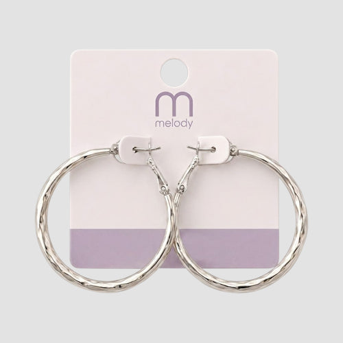 Stainless Steel Post Etched Graduated Hoop Earring in Silver