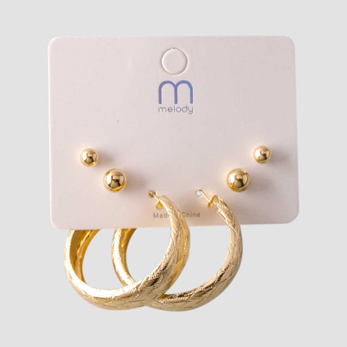Etched Weave Hoop Stud 3-Pair Earring Set in Gold