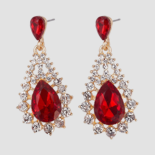 Teardrop Cluster Drop Earrings in Gold/Red