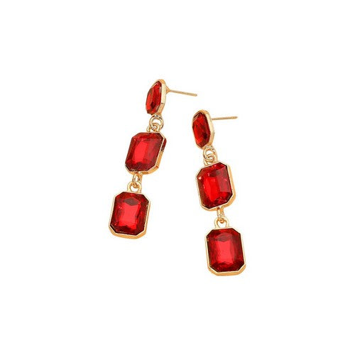Triple Cushion Cut Stone Drop Earrings in Gold/Red