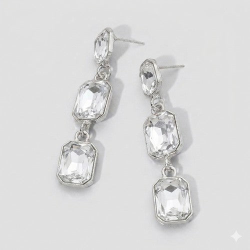 PKE1622 Triple Cushion Cut Stone Drop Earrings in Silver/Clear