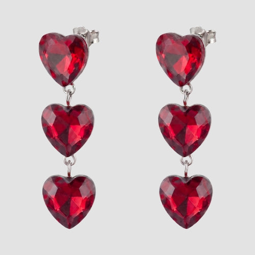 Triple Heart Crystal Earrings in Red