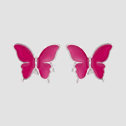 Pearlescent Butterfly Enamel Sutd Earrings in Silver/Fuchsia