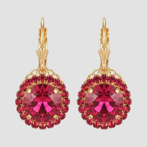 Double Halo Square Gem Earrings in Gold/Red