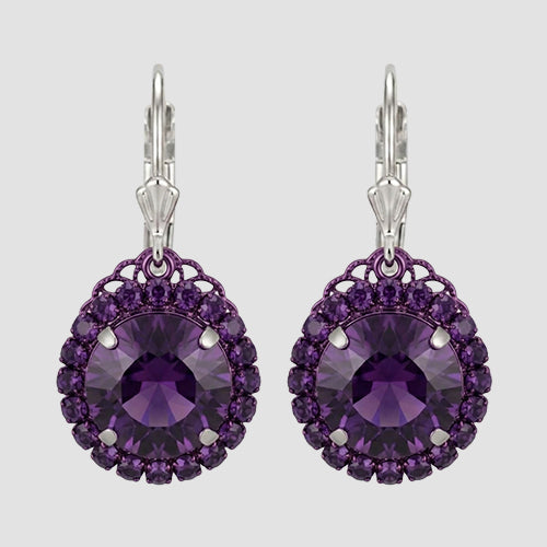 Double Halo Square Gem Earrings in Silver/Dark Purple