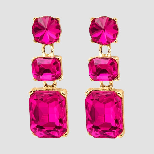 Double Halo Square Gem Earrings in Gold/Fuchsia