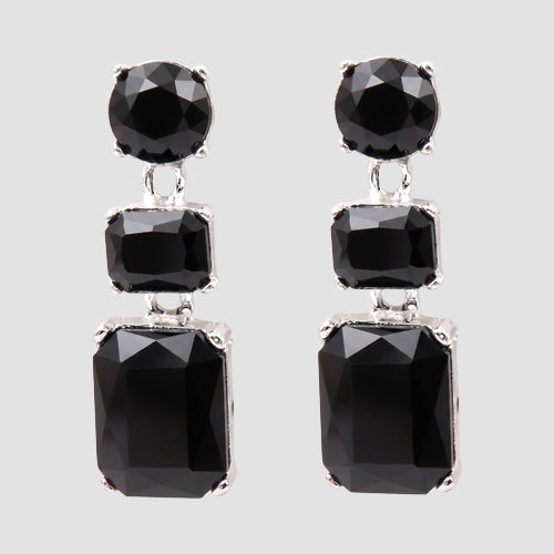 Double Halo Square Gem Earrings in Silver/Black