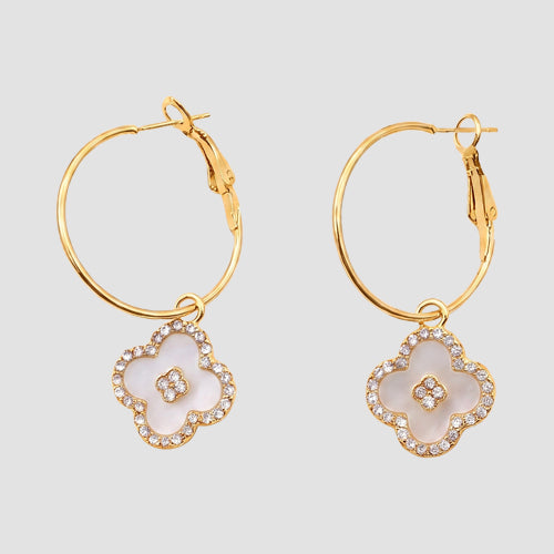Dangle Rhinestone Clover Hoop Earring in Gold/White