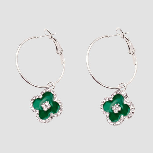 Dangle Rhinestone Clover Hoop Earring in Silver/Green