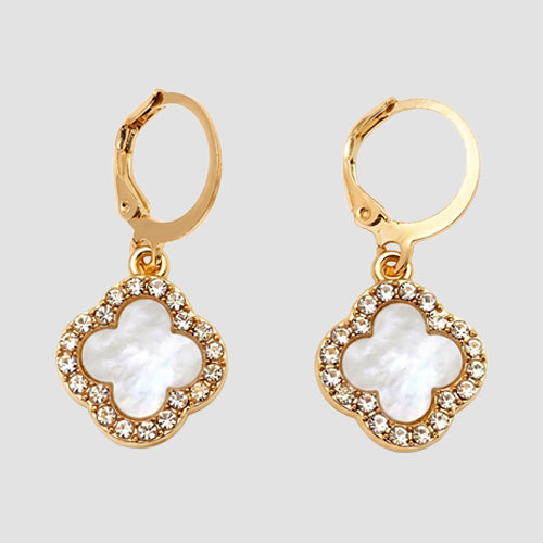 Rhinestone Clover Huggie Hoop Earring in Gold/White