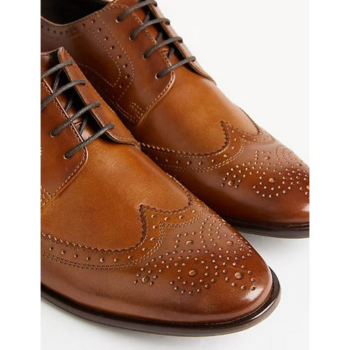 Marks & Spencer Genuine Leather Wide Fit Brogue Dress Shoes in Tan
