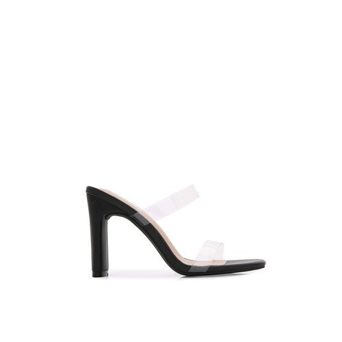 Transparent Strap Chunky Heeled Sandals in Black
