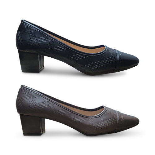 Plaid Emboss Block Heel Pump in Black