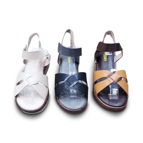 Cross Over Wedge Heel Velcro Sandal in Beige