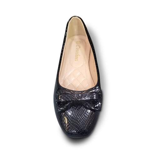 Snakeskin Bow Detail Flat Pump in Black