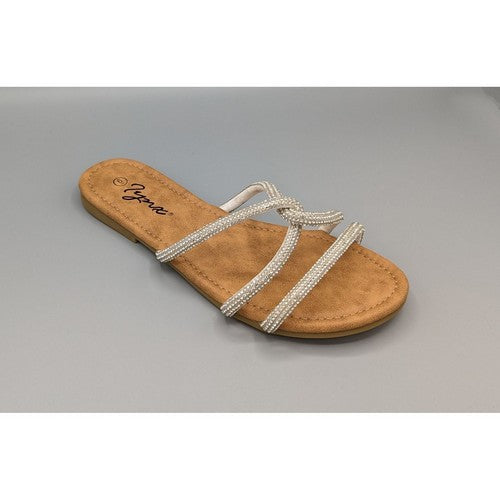 APPLE-34P Rhinestone Strappy Slipper in White