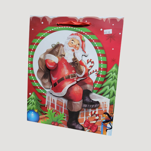 3D Jolly Santa Glitter Christmas Gift Bag in Winking Santa's Design