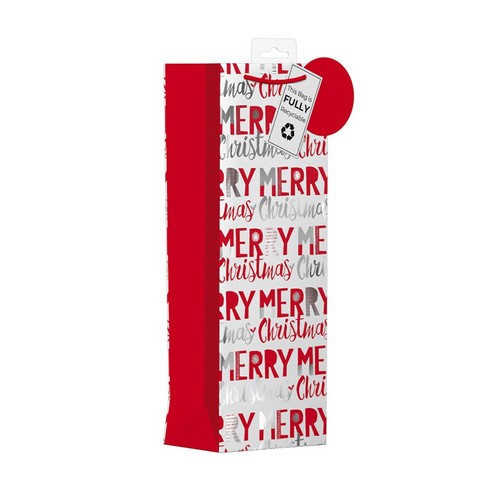 Giftmaker Red & Silver Merry Christmas Bottle Bag