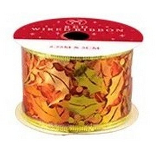 XMA1723 Red Wired Ribbon in Gold Leaf Design