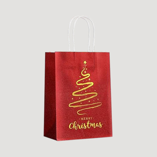 Red & Gold Foil Small Merry Christmas Gift Bag in Tree Design